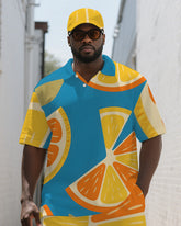 Big Men's Vibrant Orange Printed Summer Casual Short-Sleeve Polo Shirt & Shorts Set